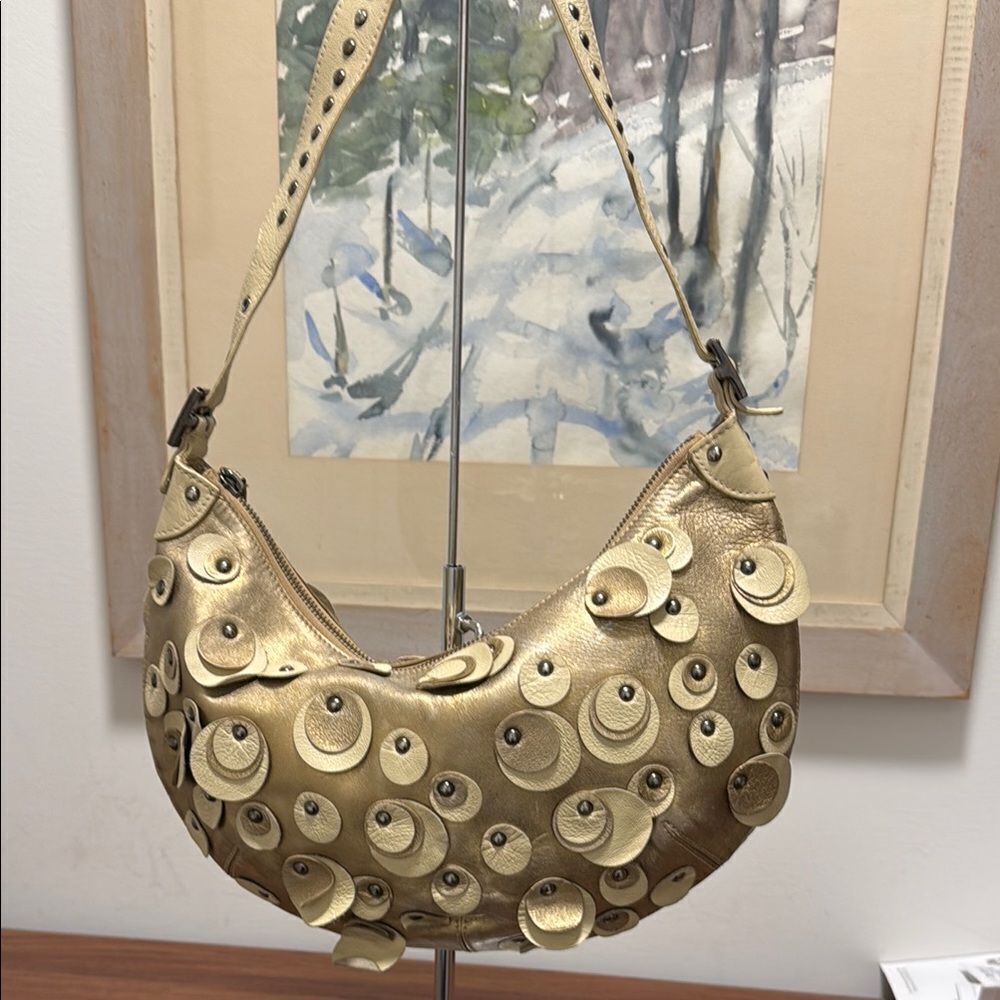 Rafe New York Gold Metallic/Tan Leather Embellished Women's Shoulder Bag.
